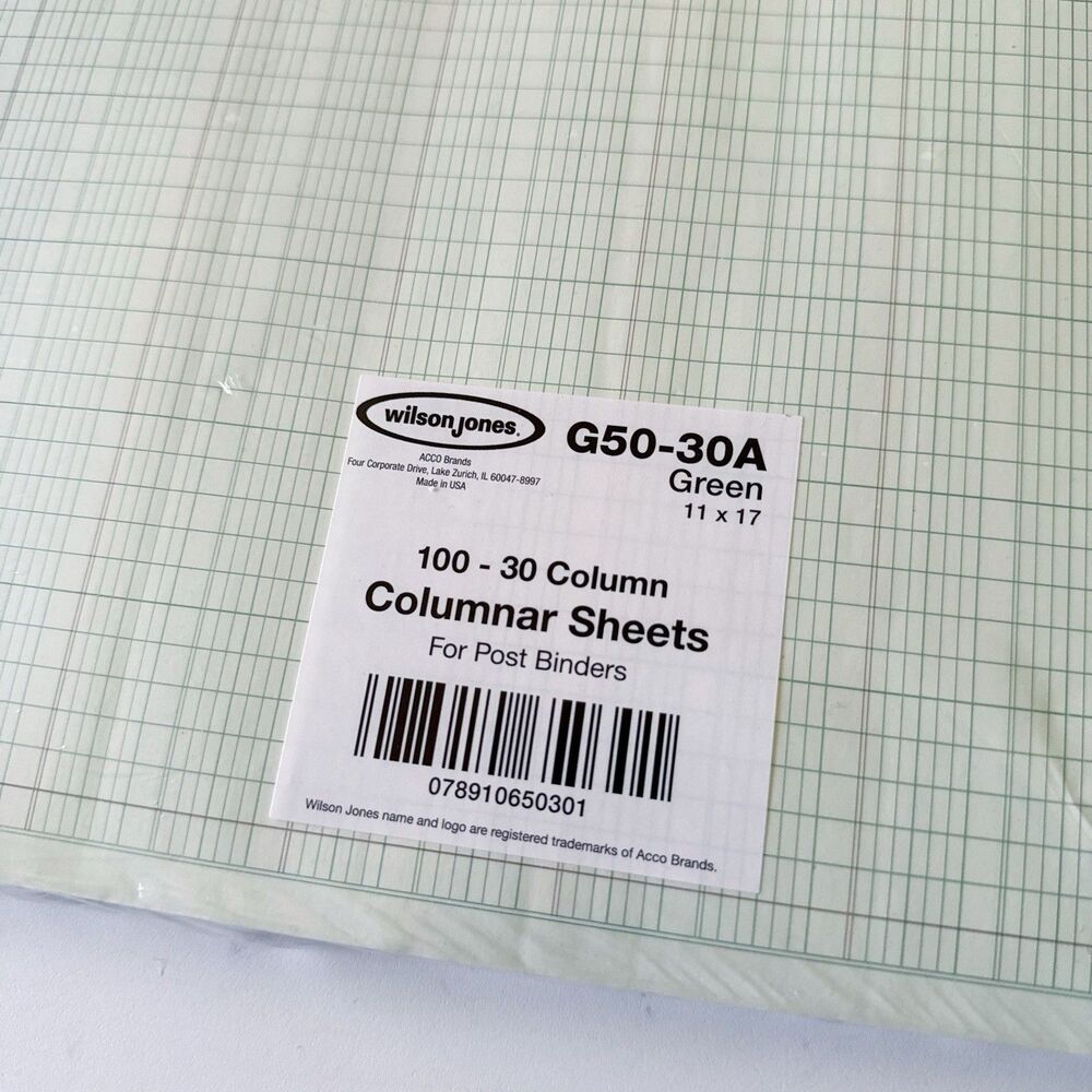 Wilson Jones G5030 Accounting Sheets, 30 Columns, 11 x 11 x 17 inches, Green NEW